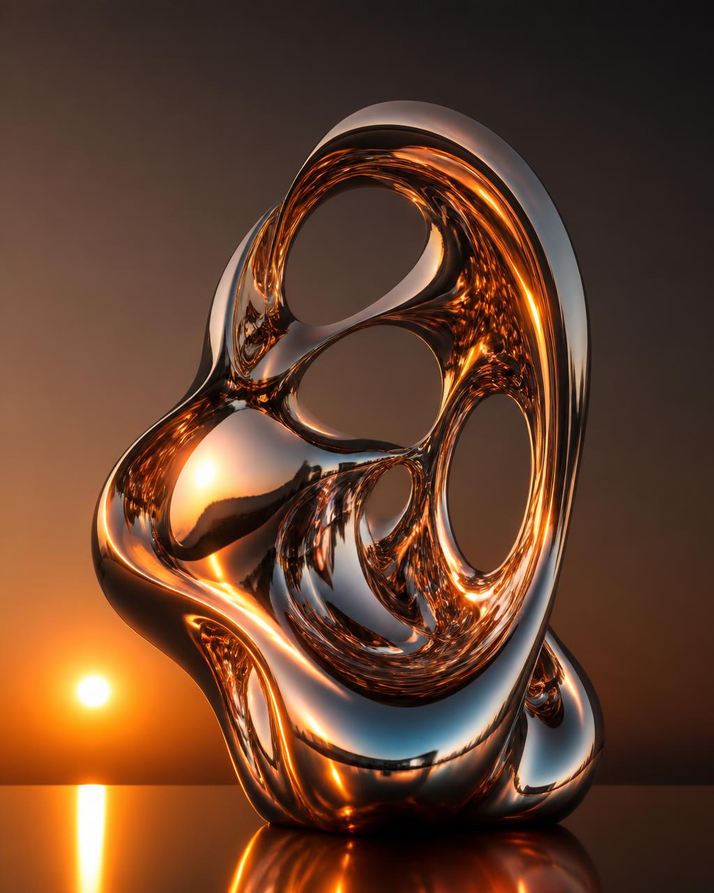 Abstract chrome sculpture catching warm sunset light